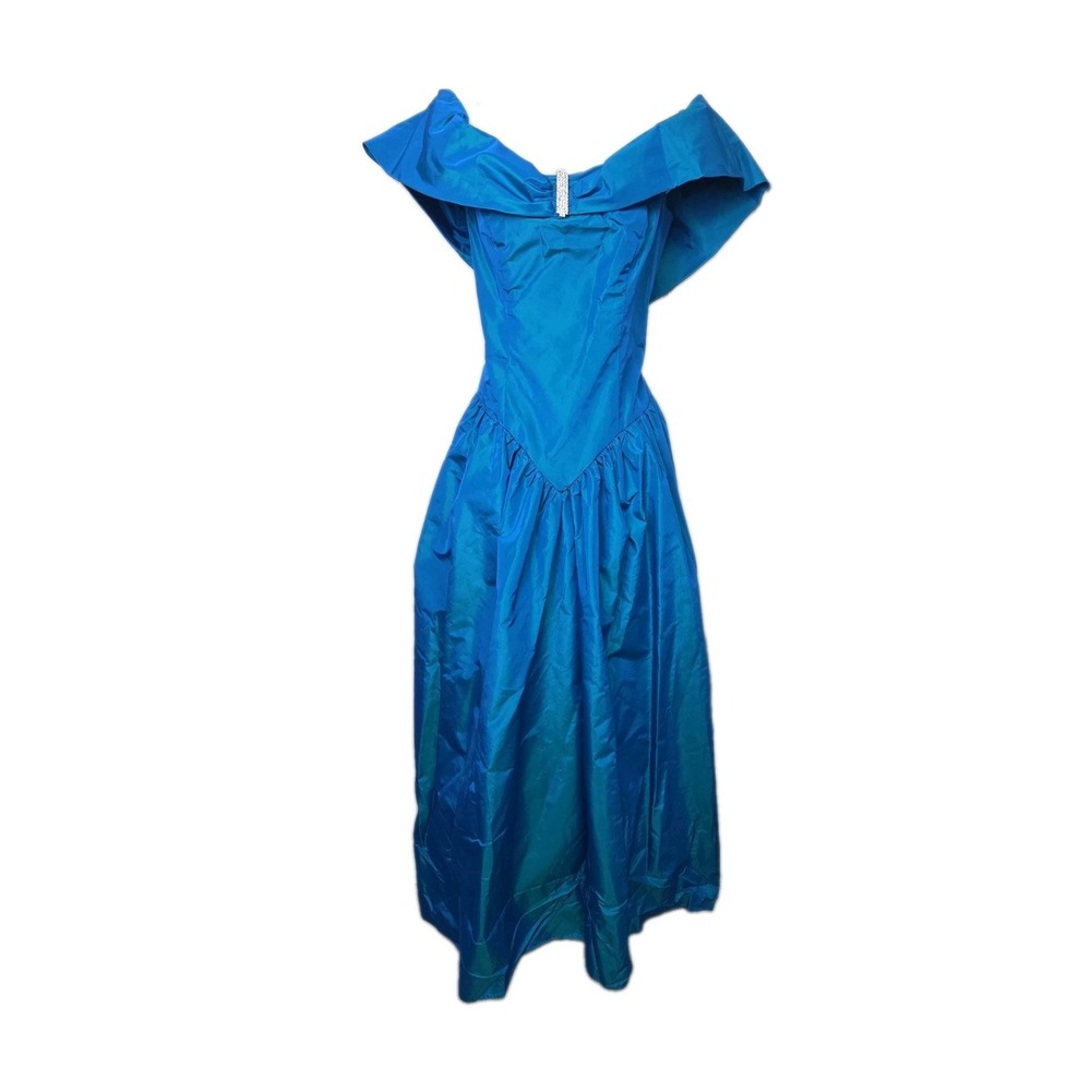 Vintage 1980s Taffeta Formal Dress Prom Rhinestone Iridescent Blue Tulle 15/16